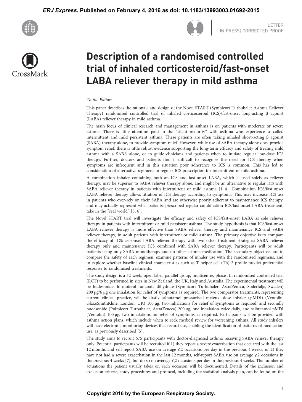 Description of a Randomised Controlled Trial of Inhaled Corticosteroid/Fast-Onset LABA Reliever Therapy in Mild Asthma