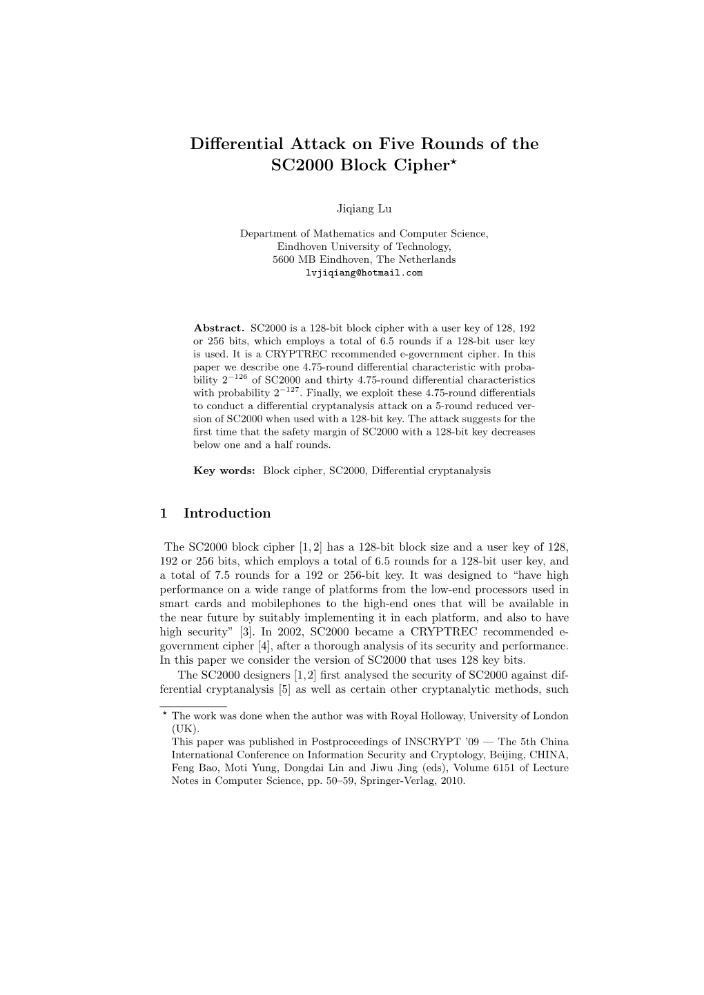 Differential Attack on Five Rounds of the SC2000 Block Cipher⋆