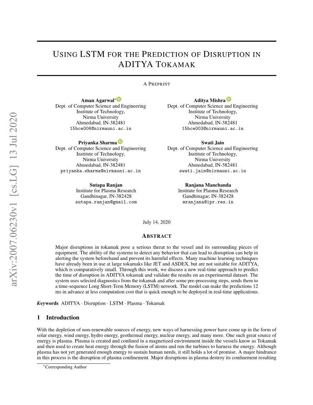 Using LSTM for the Prediction of Disruption in ADITYA Tokamak