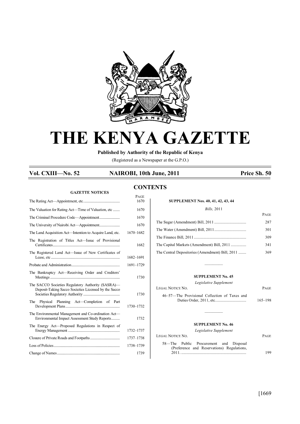 THE KENYA GAZETTE Published by Authority of the Republic of Kenya (Registered As a Newspaper at the G.P.O.)