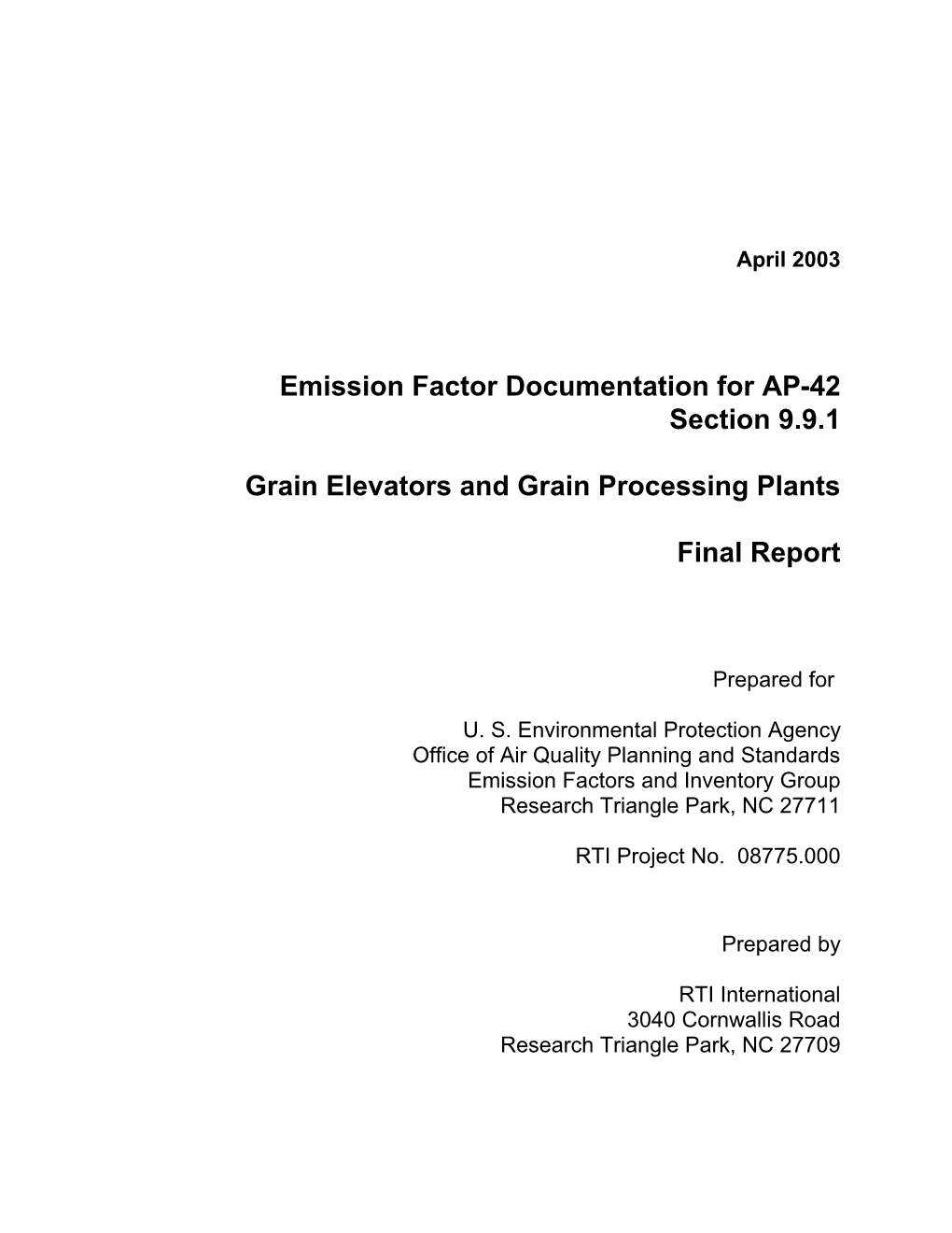 Emission Factor Documentation for AP-42 Section 9.9.1 Grain Elevators