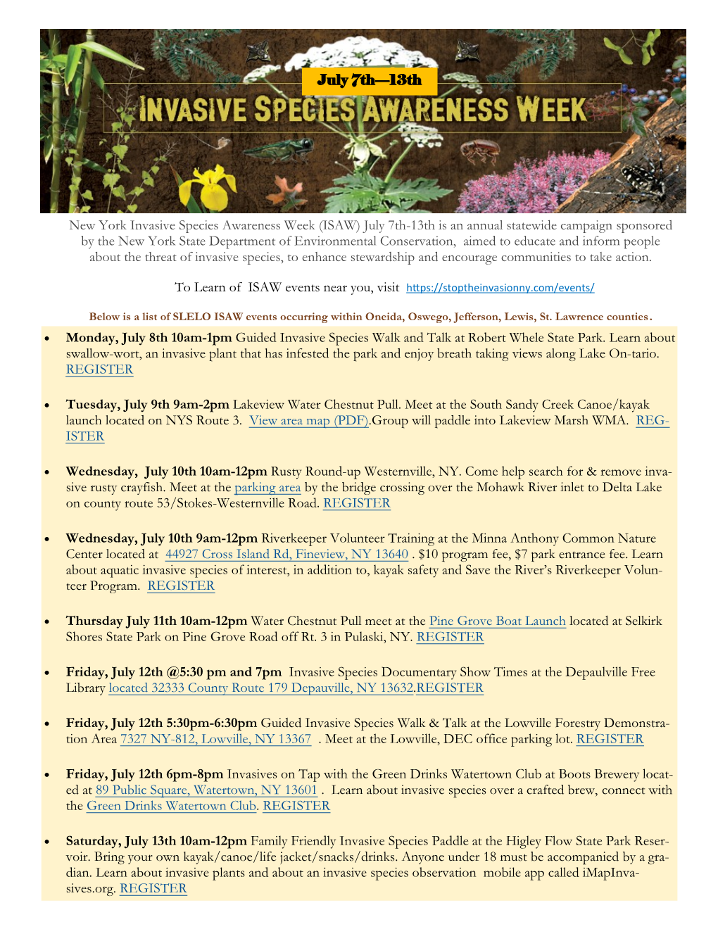 July 7Th—13Th New York Invasive Species Awareness Week (ISAW