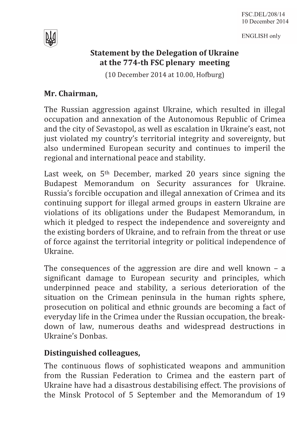 Statement by the Delegation of Ukraine at the 774-Th FSC Plenary Meeting (10 December 2014 at 10.00, Hofburg)