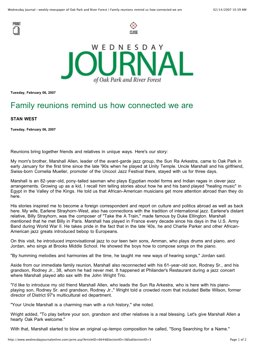 Wednesday Journal--Weekly Newspaper of Oak Park and River Forest | Family Reunions Remind Us How Connected We Are 02/14/2007 10:39 AM