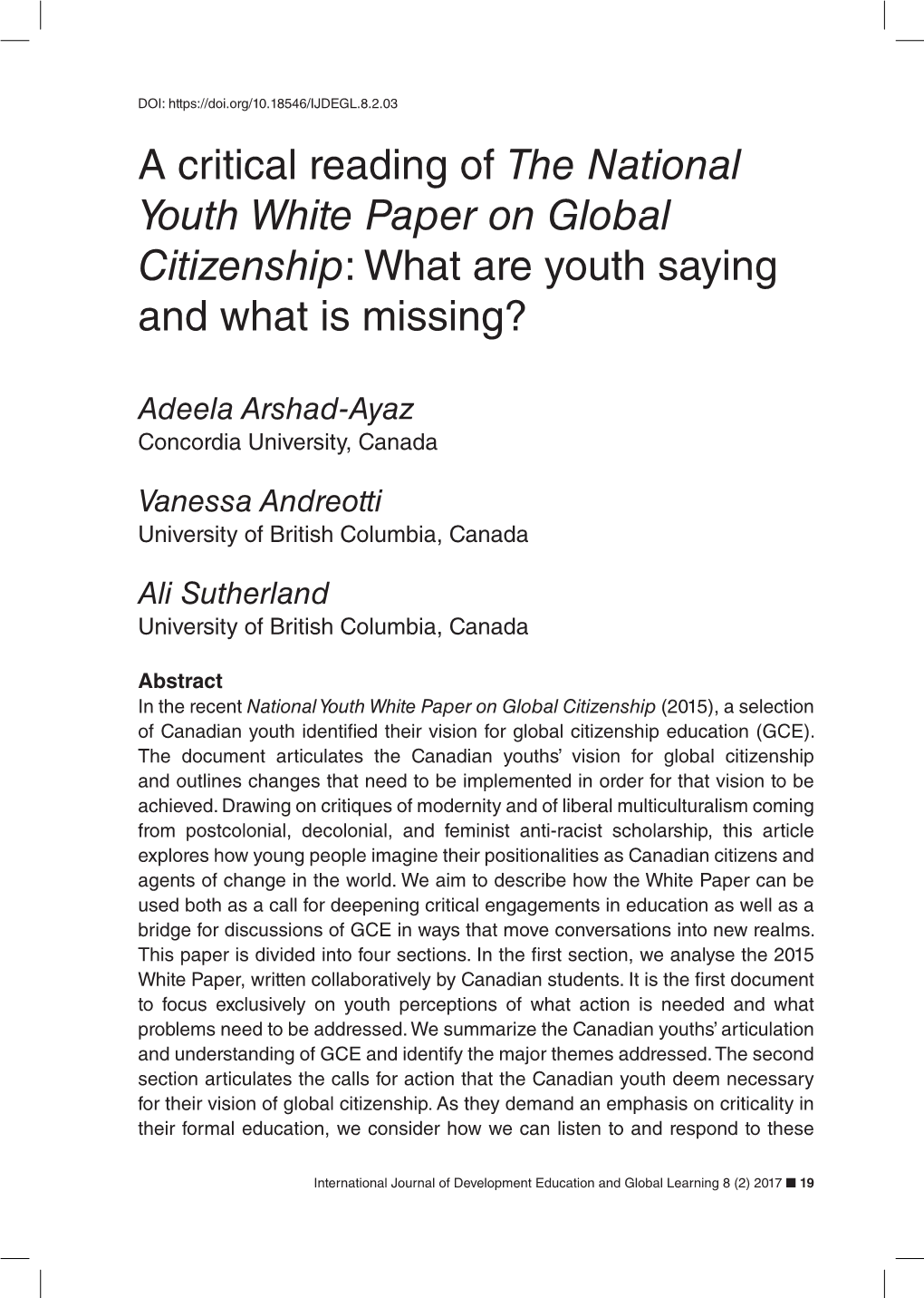 A Critical Reading of <I>The National Youth White Paper on Global