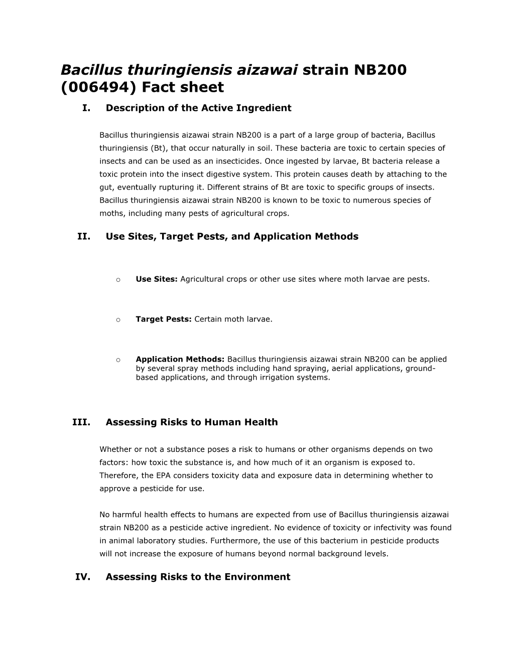 Biopesticides Fact Sheet for Bacillus Thuringiensis Aizawai Strain NB200