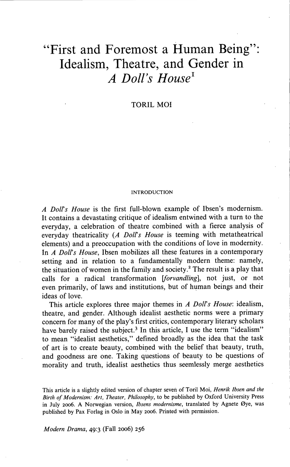 Idealism, Theatre, and Gender in a Doll's House'