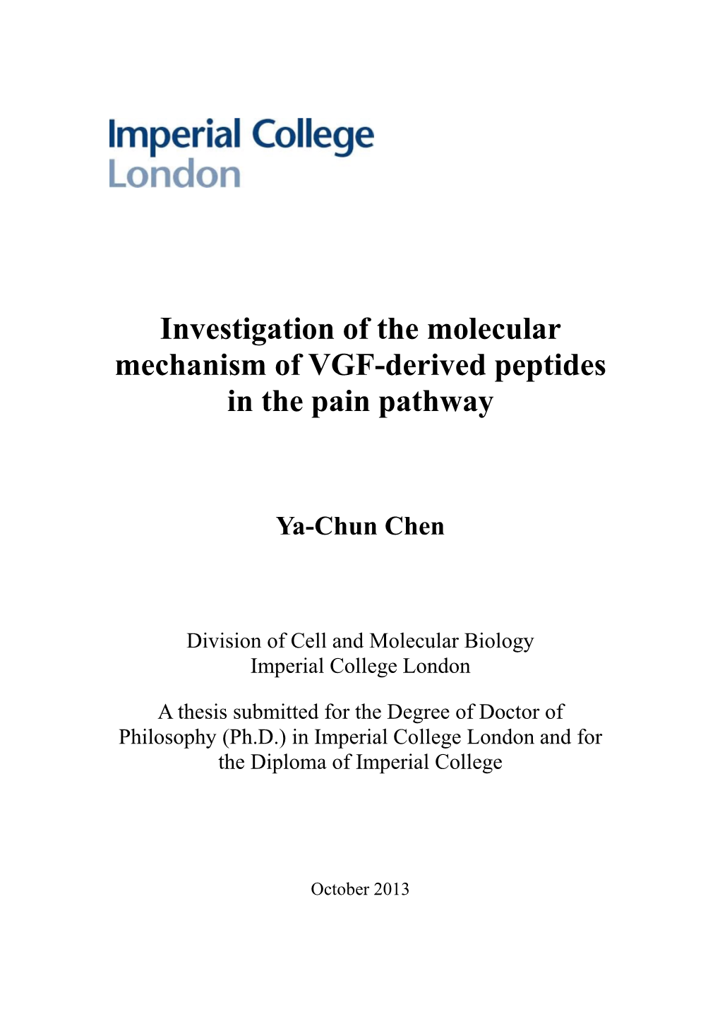 Investigation of the Molecular Mechanism of VGF-Derived Peptides in the Pain Pathway