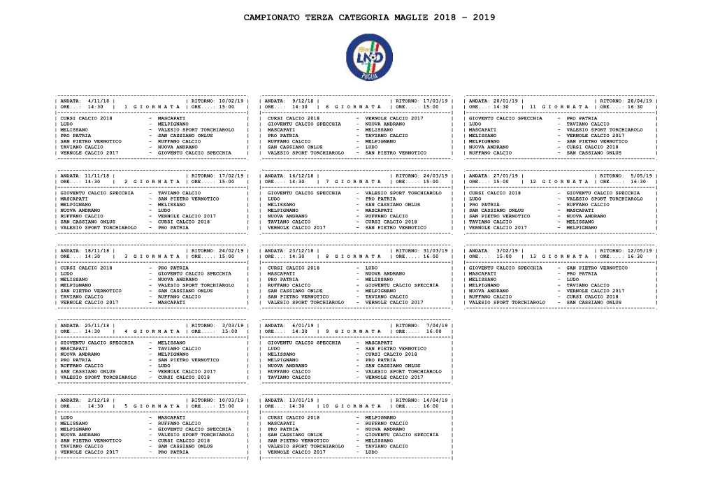 Campionato Terza Categoria Maglie 2018 – 2019