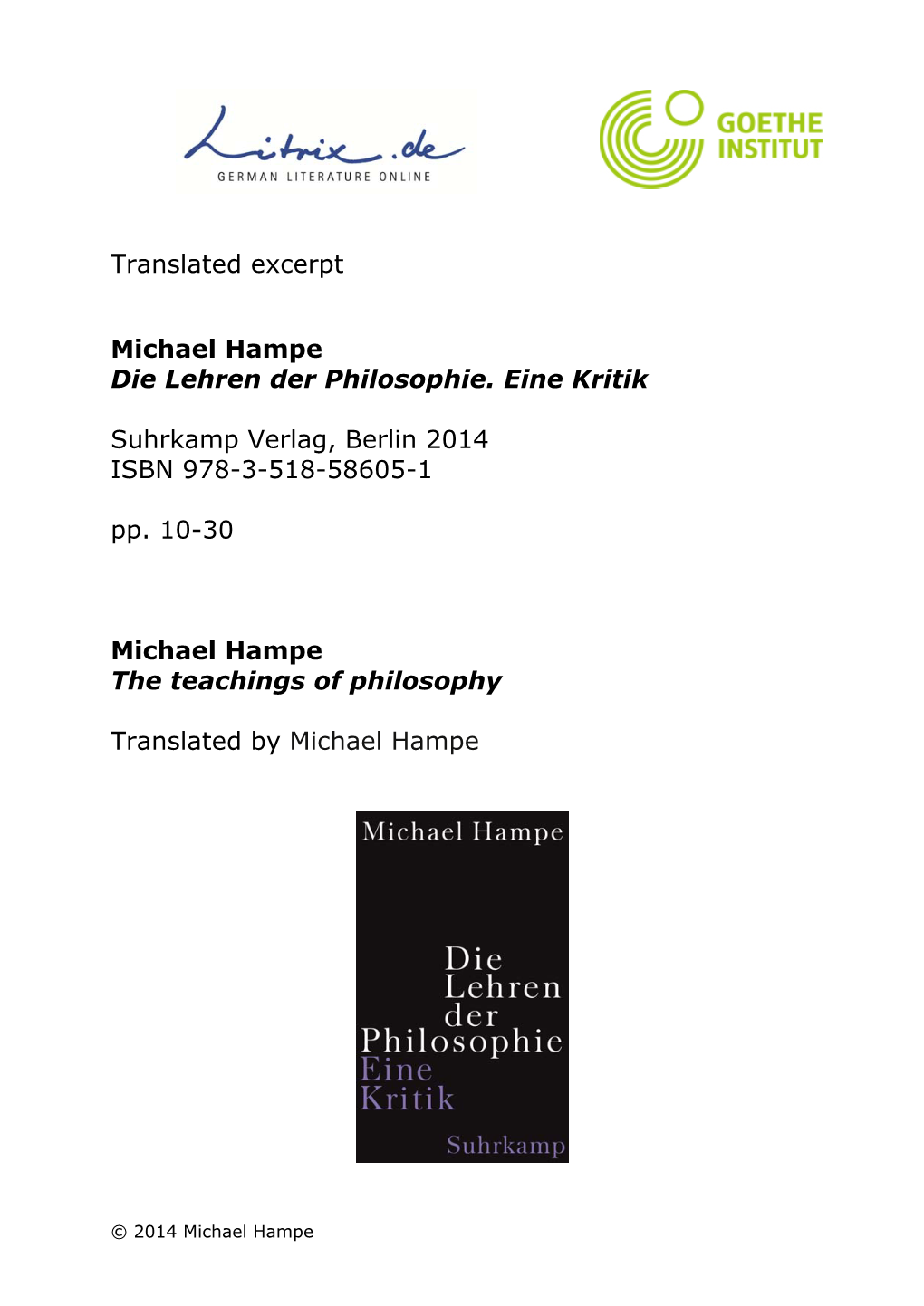 Translated Excerpt Michael Hampe Die Lehren Der Philosophie. Eine