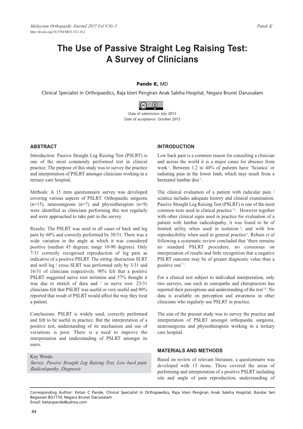 The Use of Passive Straight Leg Raising Test: a Survey of Clinicians