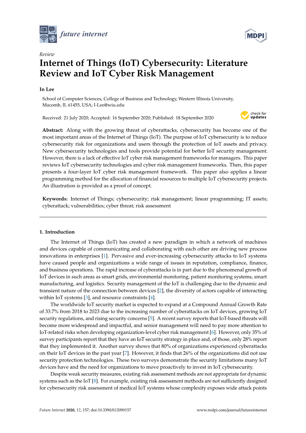 Cybersecurity: Literature Review and Iot Cyber Risk Management