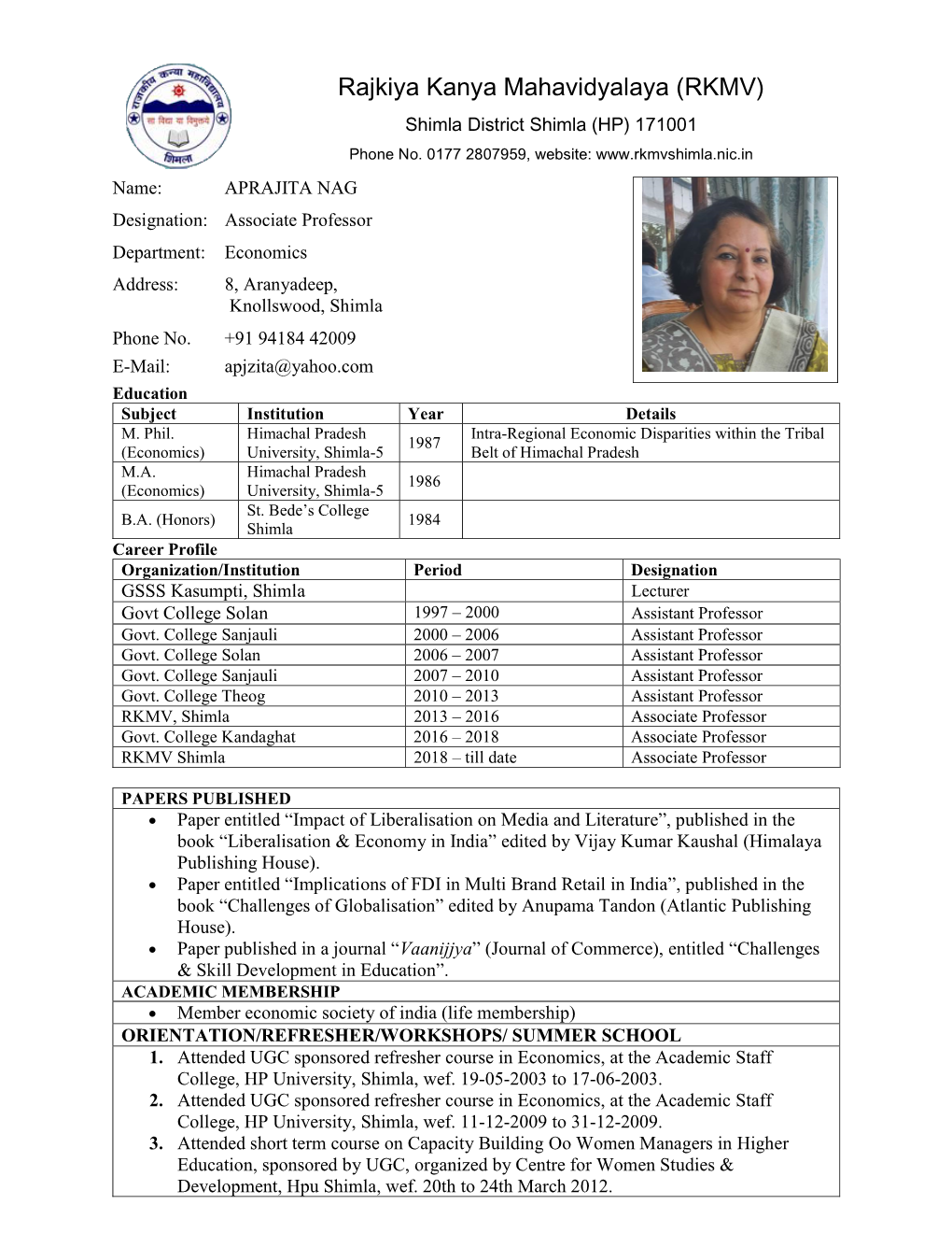 Rajkiya Kanya Mahavidyalaya (RKMV) Shimla District Shimla (HP) 171001 Phone No