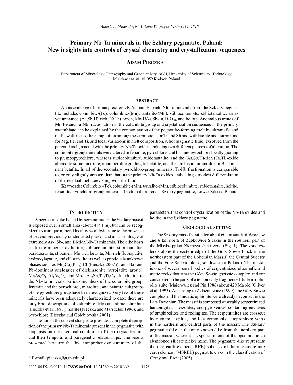 Primary Nb-Ta Minerals in the Szklary Pegmatite, Poland: New Insights Into Controls of Crystal Chemistry and Crystallization Sequences