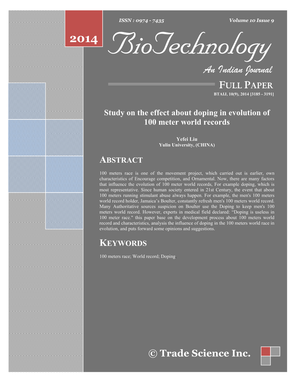 Study on the Effect About Doping in Evolution of 100 Meter World Records