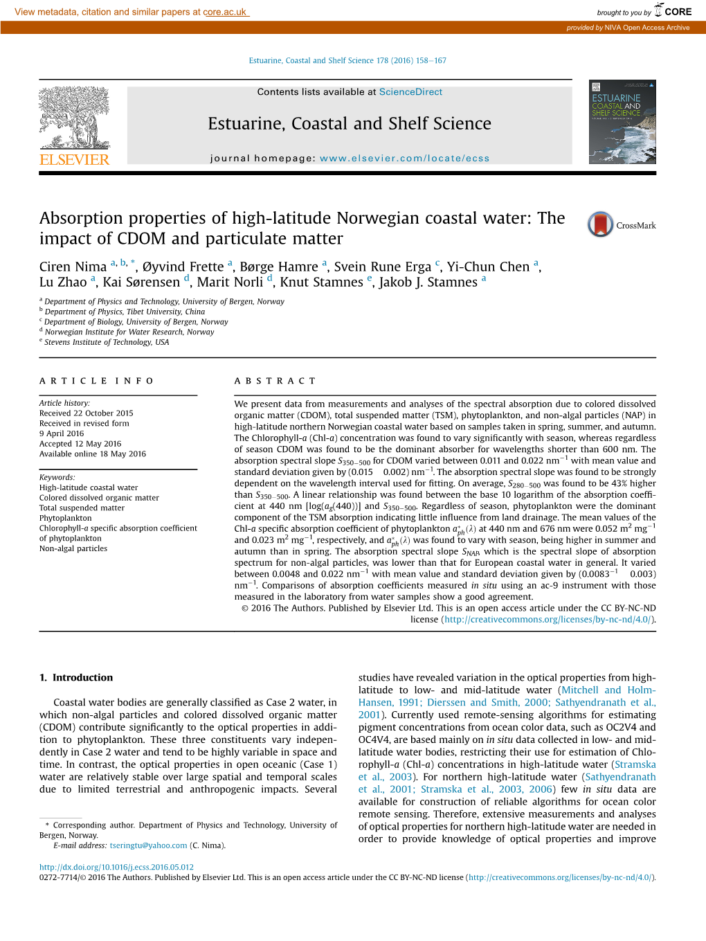 Absorption Properties of High-Latitude Norwegian Coastal Water: the Impact of CDOM and Particulate Matter