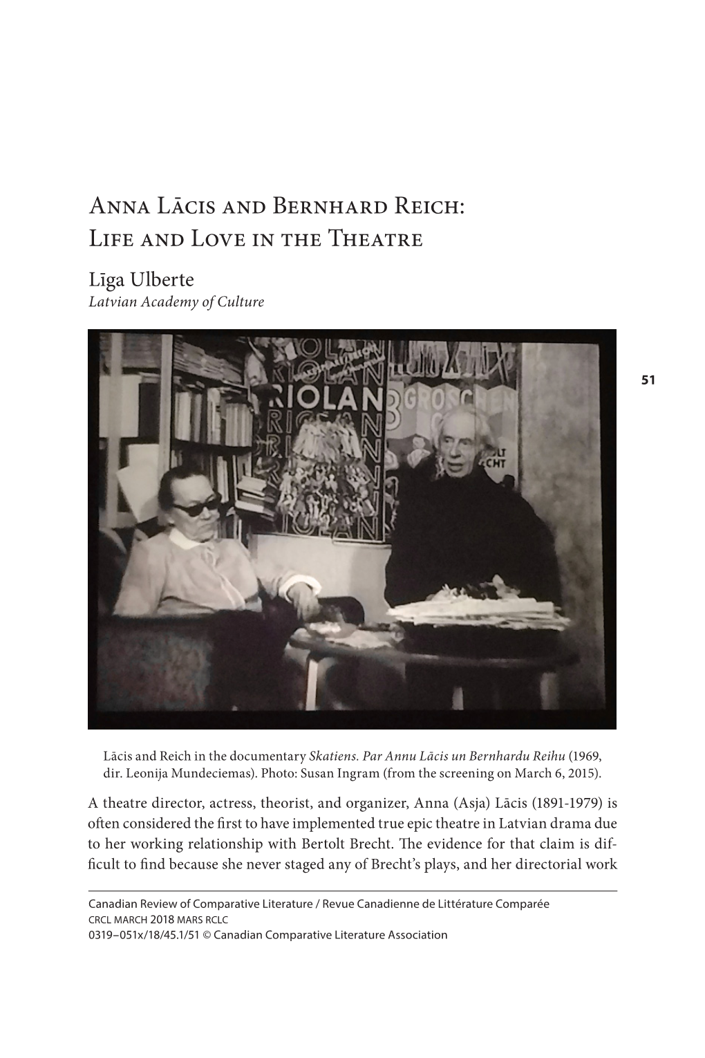 Anna Lācis and Bernhard Reich: Life and Love in the Theatre Līga Ulberte Latvian Academy of Culture