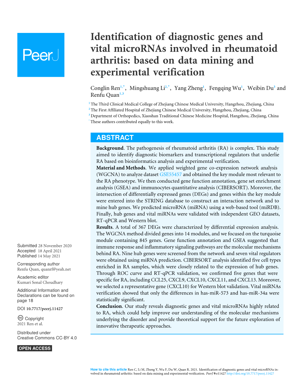 Identification of Diagnostic Genes and Vital Micrornas Involved in Rheumatoid Arthritis: Based on Data Mining and Experimental Verification