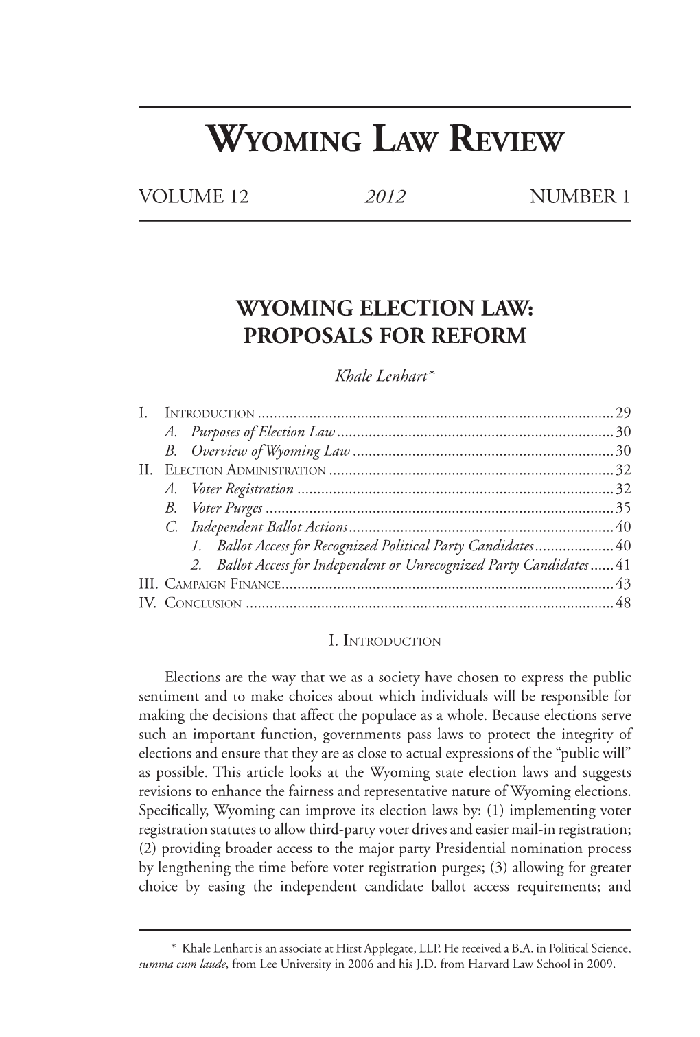 Wyoming Election Law: Proposals for Reform