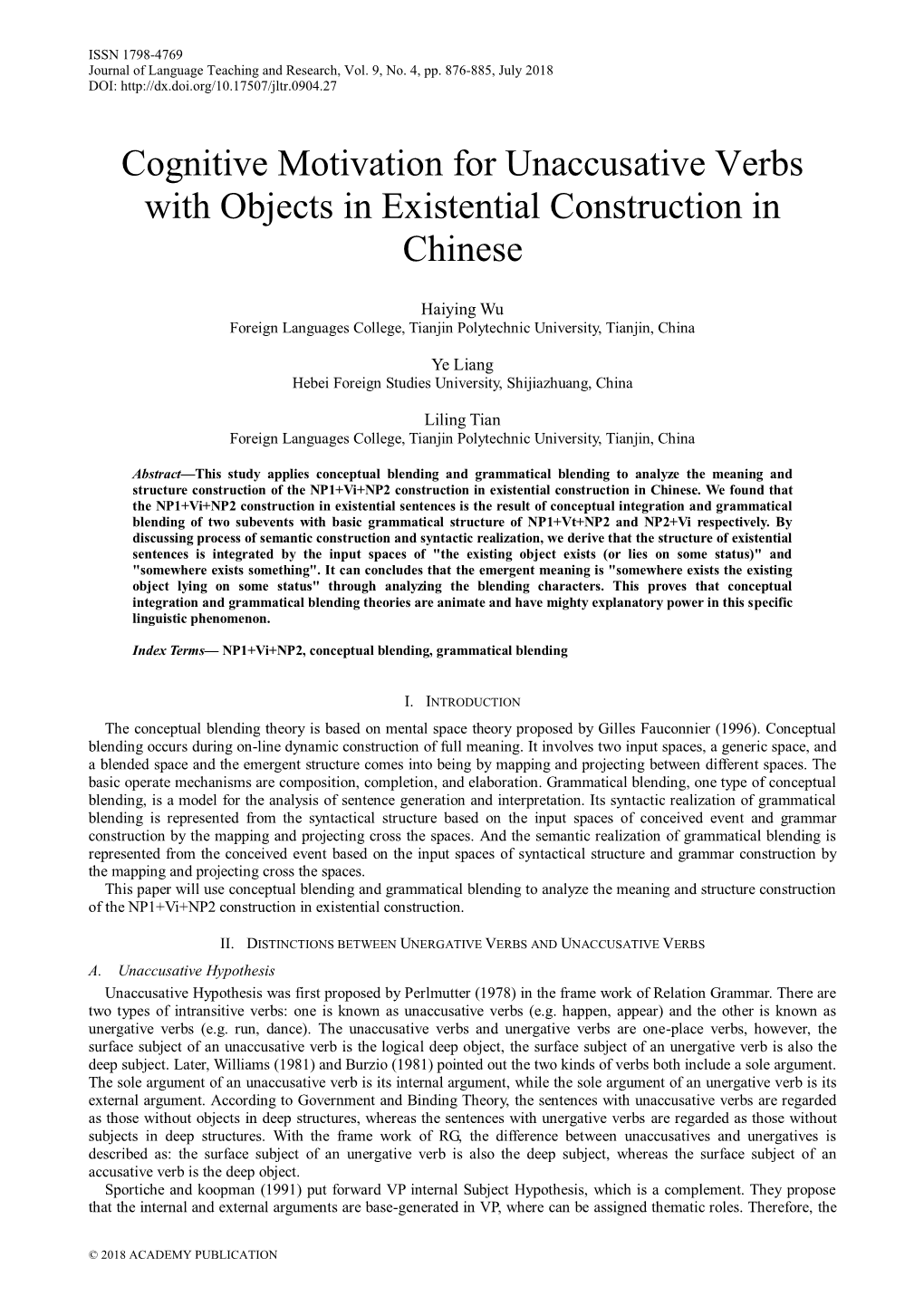 Cognitive Motivation for Unaccusative Verbs with Objects in Existential Construction in Chinese