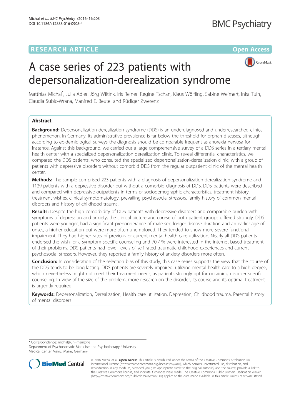 A Case Series of 223 Patients with Depersonalization-Derealization Syndrome