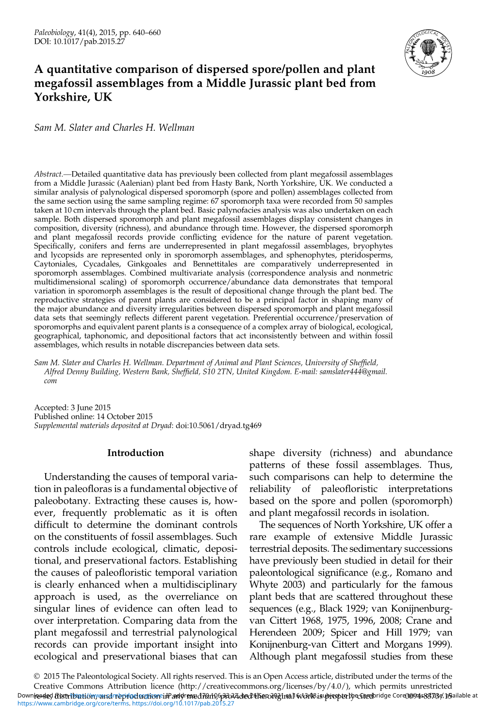 A Quantitative Comparison of Dispersed Spore/Pollen and Plant Megafossil Assemblages from a Middle Jurassic Plant Bed from Yorkshire, UK