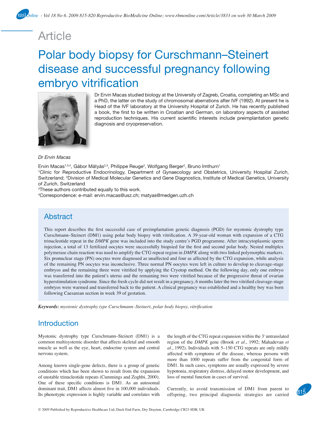 Article Polar Body Biopsy for Curschmann–Steinert Disease And