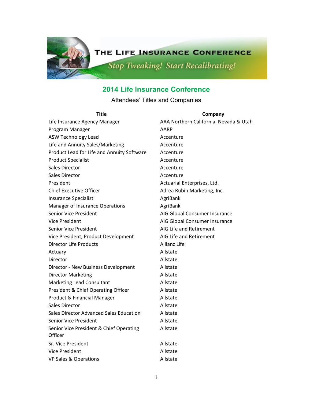 2014 Life Insurance Conference Attendees’ Titles and Companies