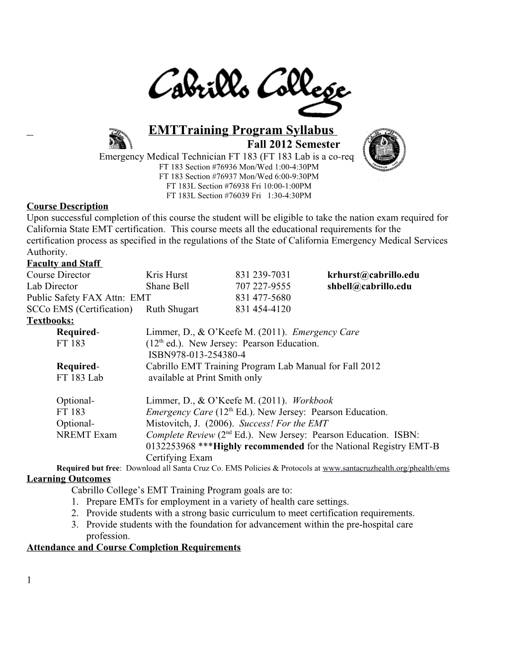 Cabrillo College EMT Training Program Syllabus