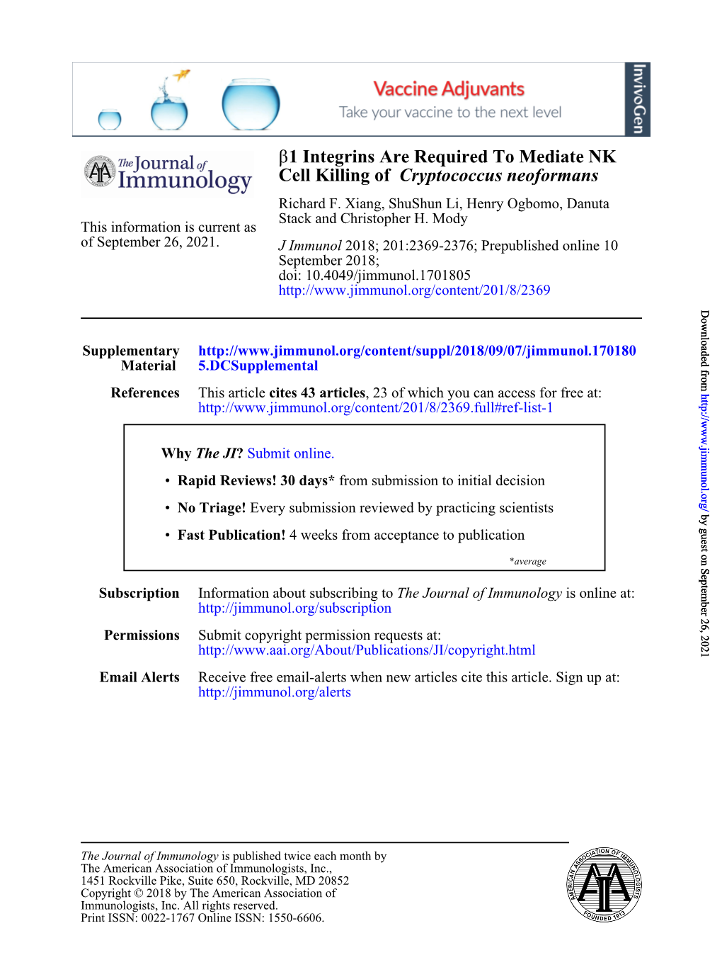 Β1 Integrins Are Required to Mediate NK Cell Killing of Cryptococcus Neoformans Richard F