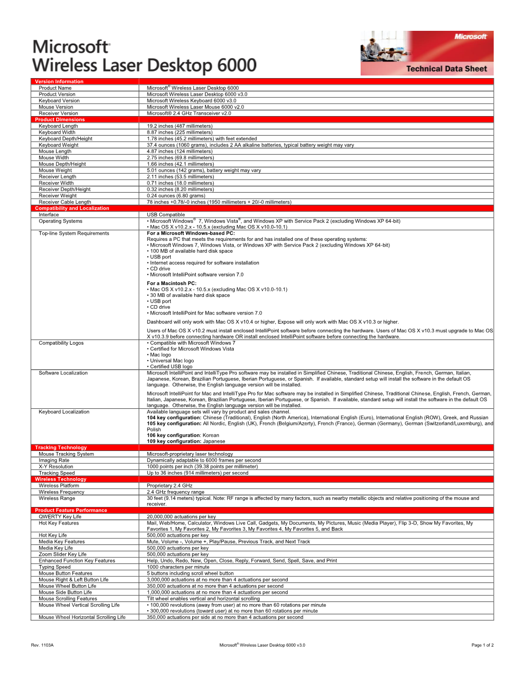 Version Information Product Name Microsoft® Wireless Laser