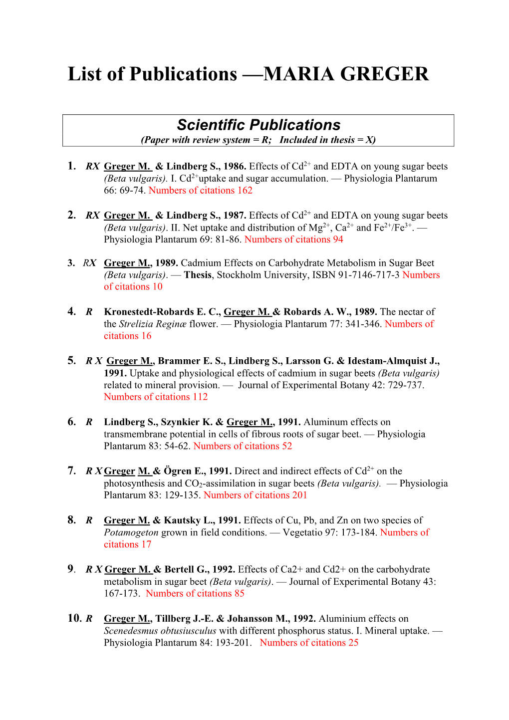 List of Publications —MARIA GREGER