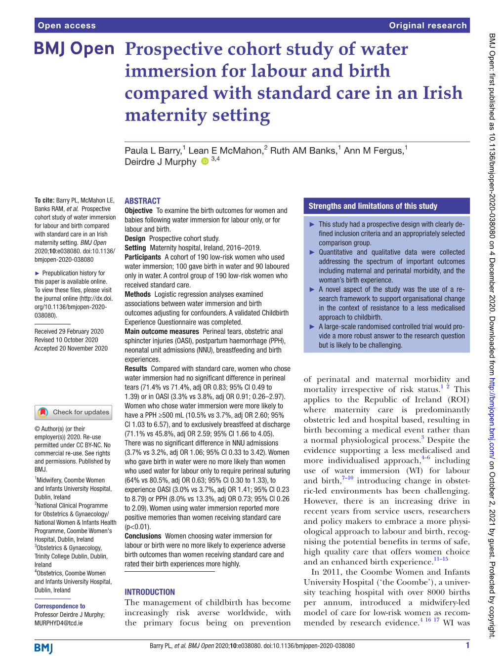 Prospective Cohort Study of Water Immersion for Labour and Birth Compared with Standard Care in an Irish Maternity Setting