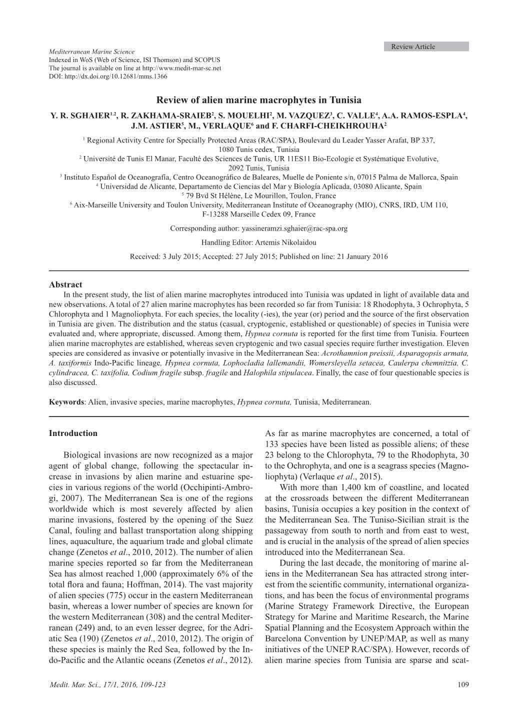 Review of Alien Marine Macrophytes in Tunisia Y