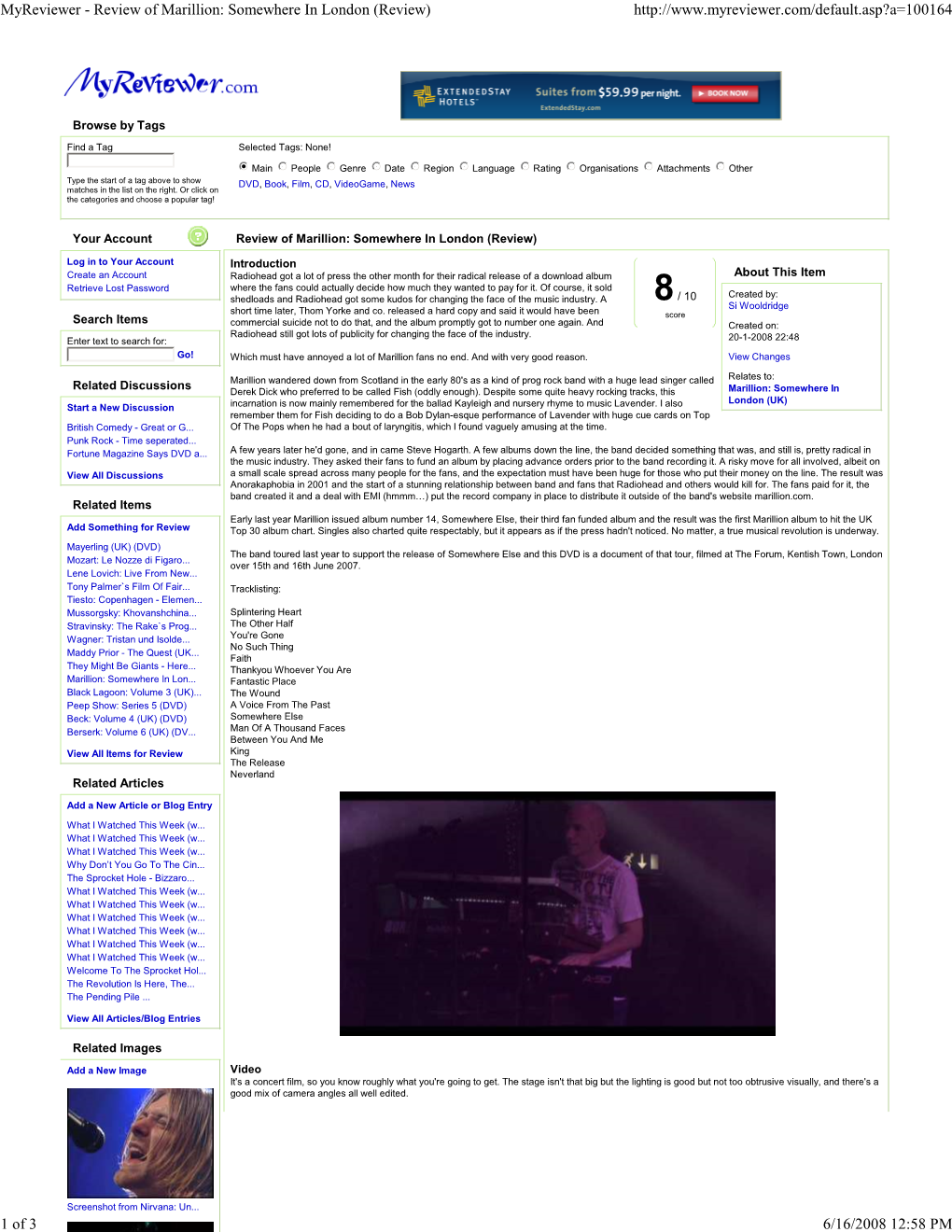 Myreviewer - Review of Marillion: Somewhere in London (Review)