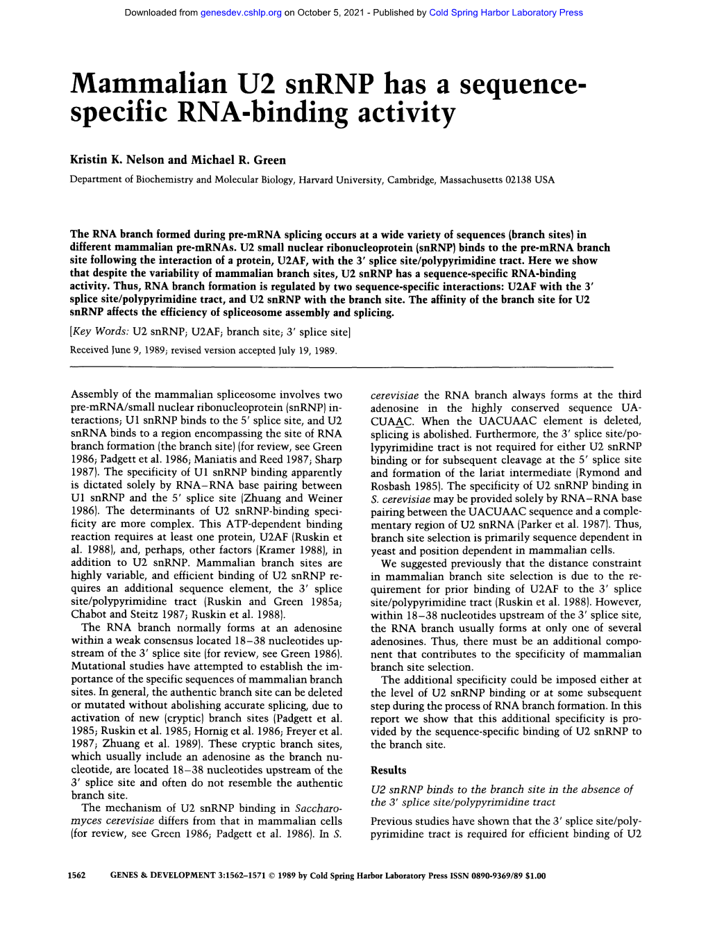 Mammalian U2 Snrnp Has a Sequence- Specific RNA-Binding Activity
