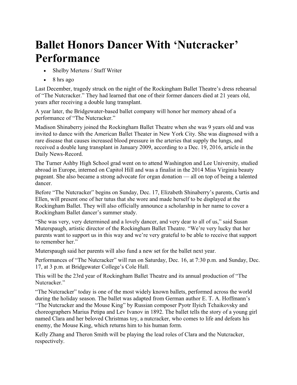 Ballet Honors Dancer with Nutcracker Performance