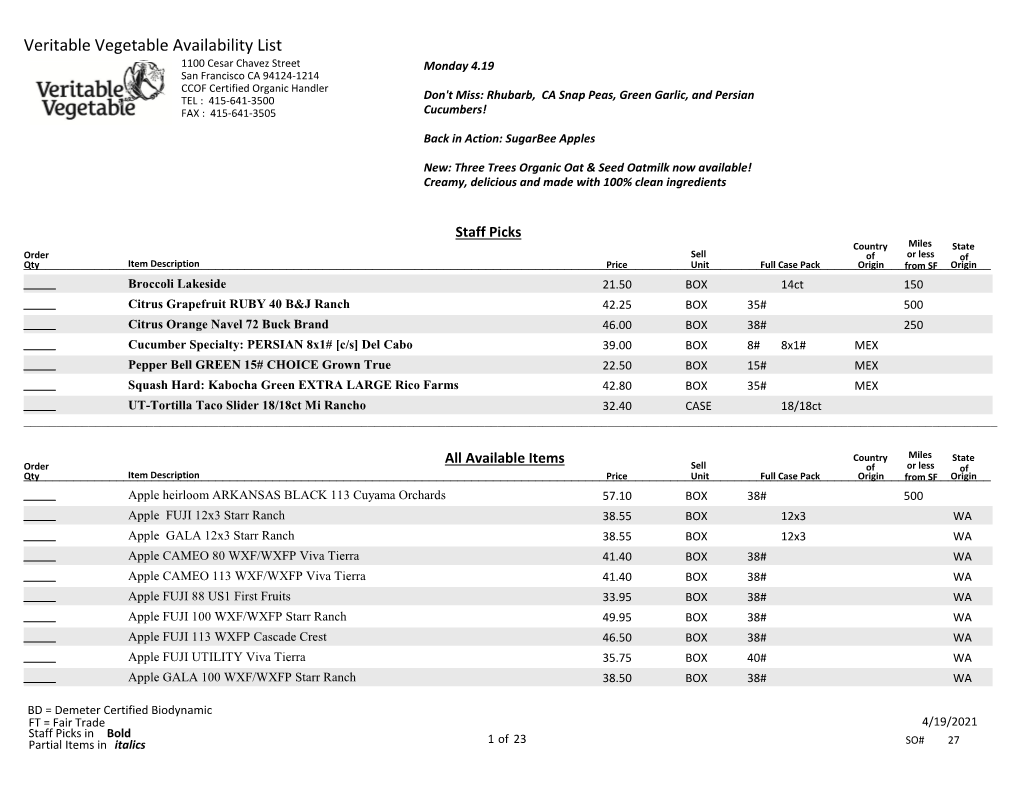 Veritable Vegetable Availability List