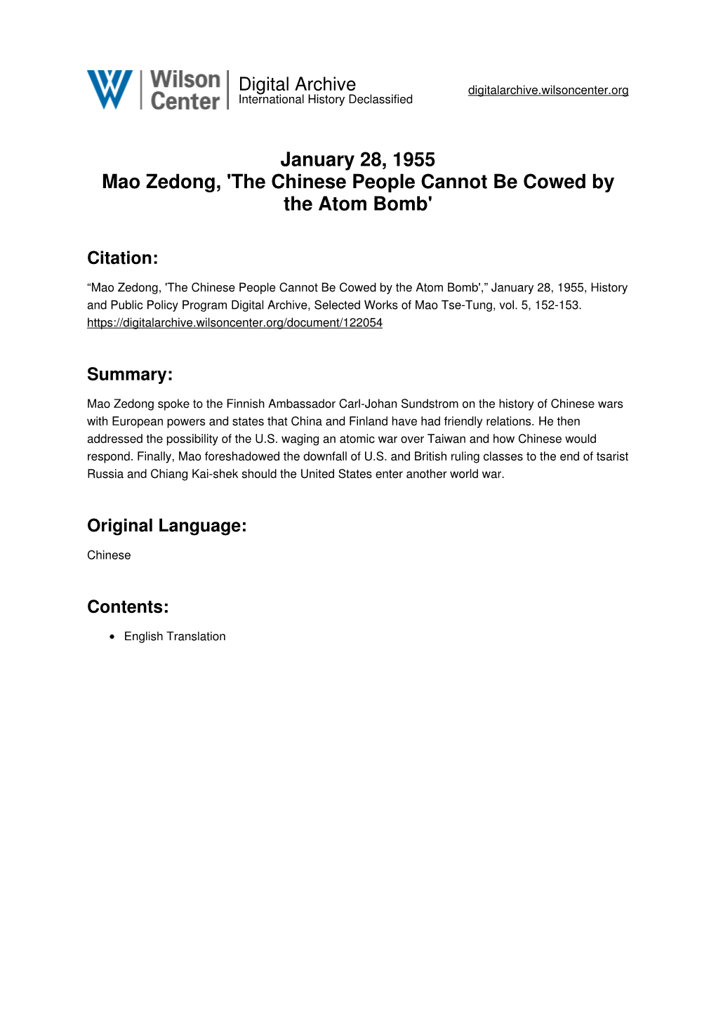 January 28, 1955 Mao Zedong, 'The Chinese People Cannot Be Cowed by the Atom Bomb'