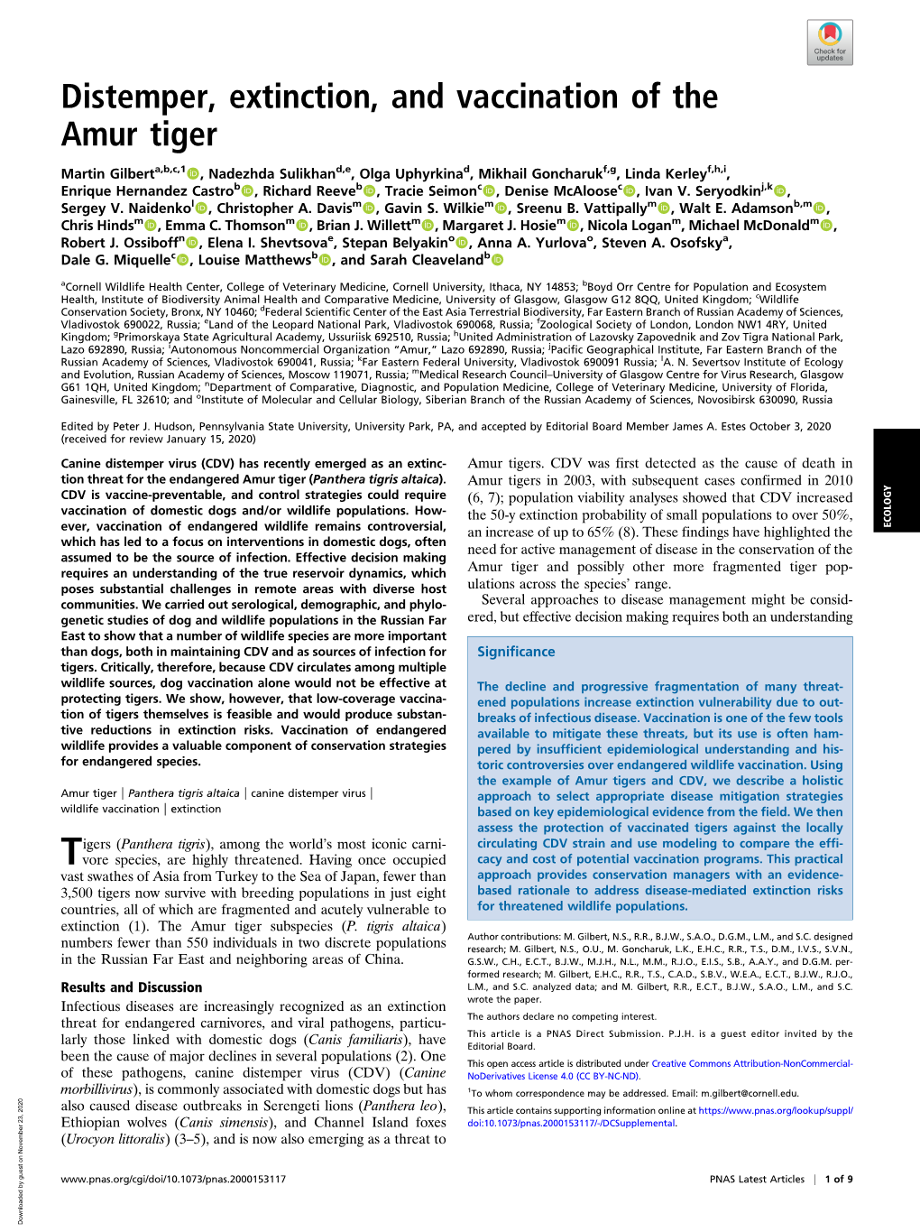 Distemper, Extinction, and Vaccination of the Amur Tiger