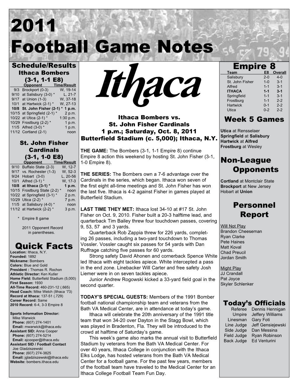 2011 Football Game Notes Schedule/Results Empire 8 Ithaca Bombers Team E8 Overall Salisbury 2-0 4-0 (3-1, 1-1 E8) St