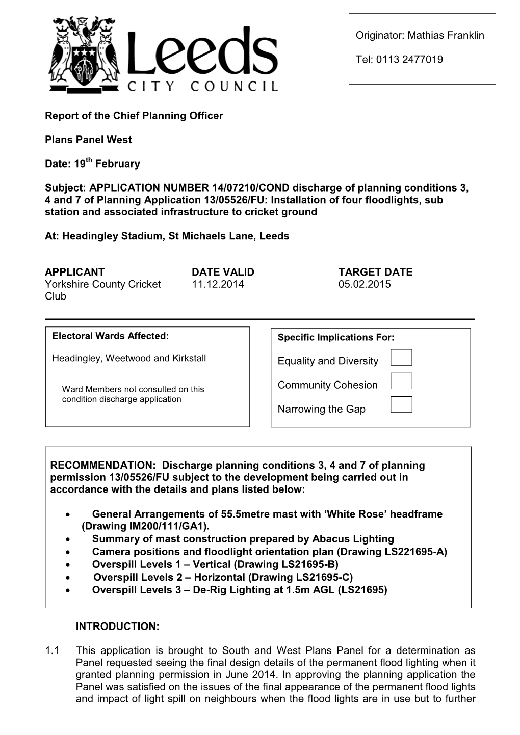 Report of the Chief Planning Officer Plans Panel West Date