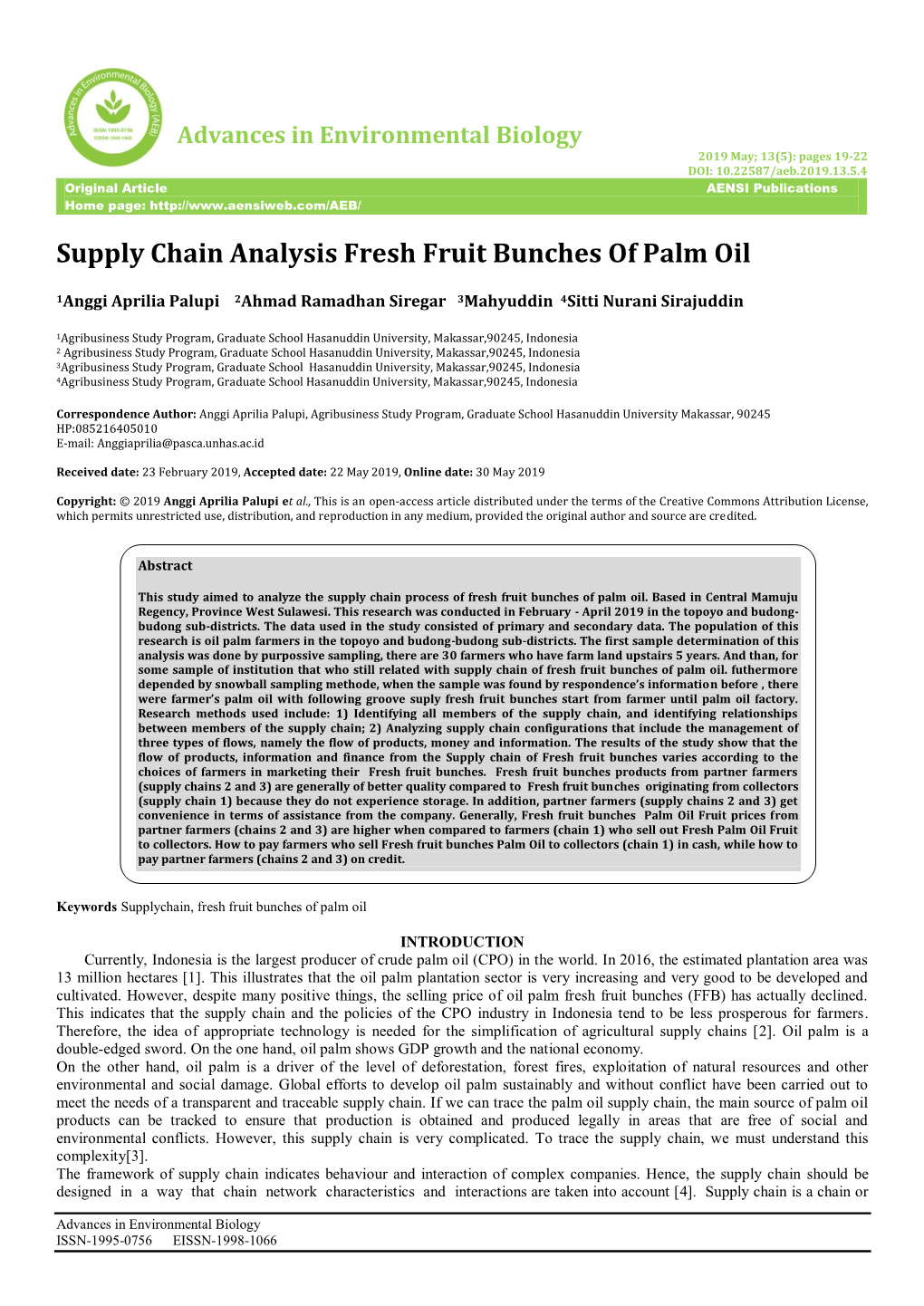 Supply Chain Analysis Fresh Fruit Bunches of Palm Oil
