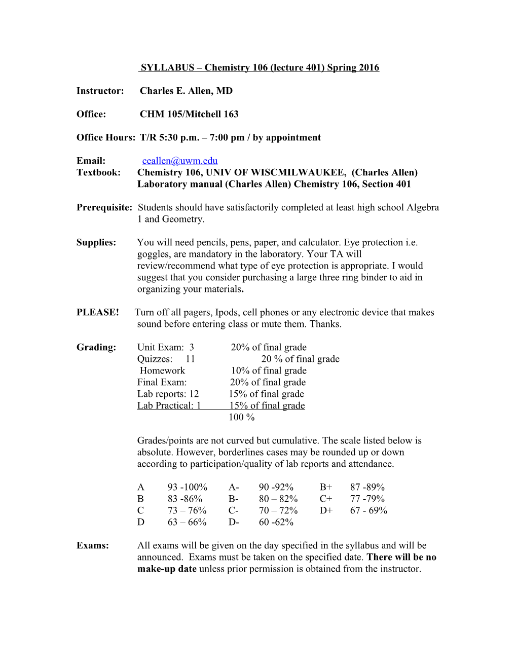 SYLLABUS Chemistry 100 (Lecture 401), Summer 2008