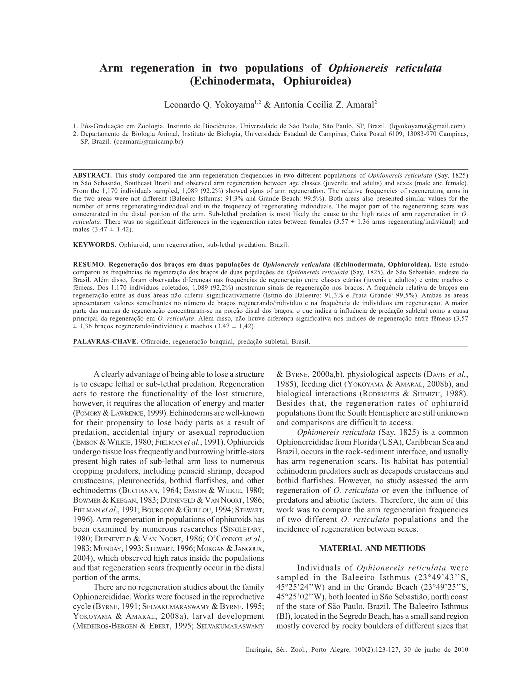 Arm Regeneration in Two Populations of Ophionereis Reticulata (Echinodermata, Ophiuroidea)