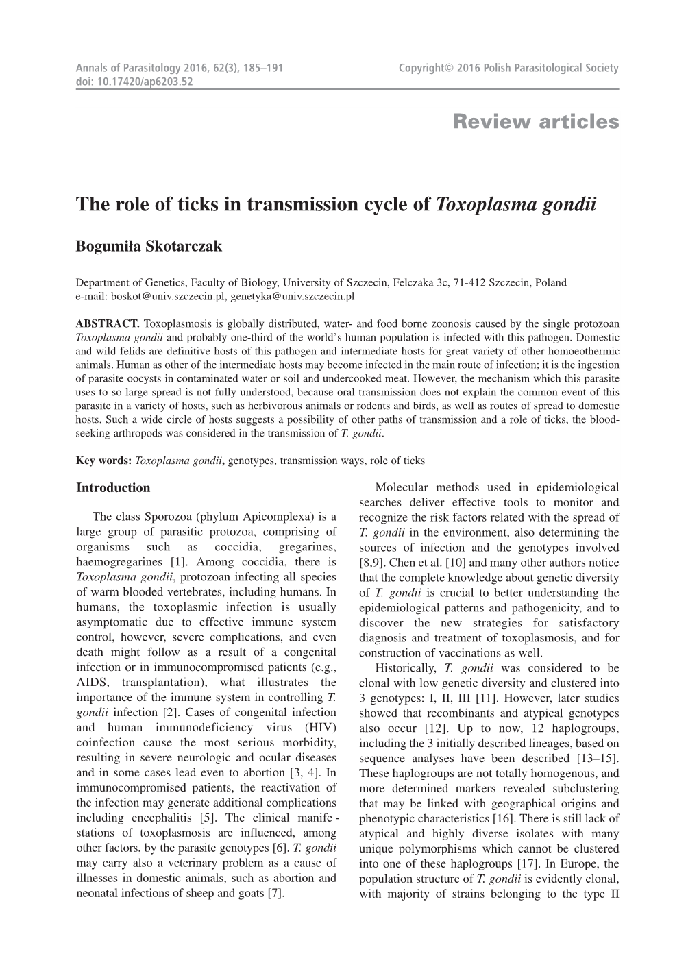 The Role of Ticks in Transmission Cycle of Toxoplasma Gondii