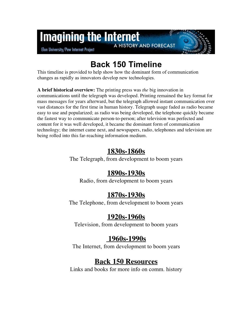 Back 150 Timeline This Timeline Is Provided to Help Show How the Dominant Form of Communication Changes As Rapidly As Innovators Develop New Technologies