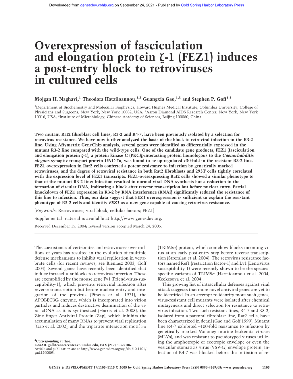 1 (FEZ1) Induces a Post-Entry Block to Retroviruses in Cultured Cells