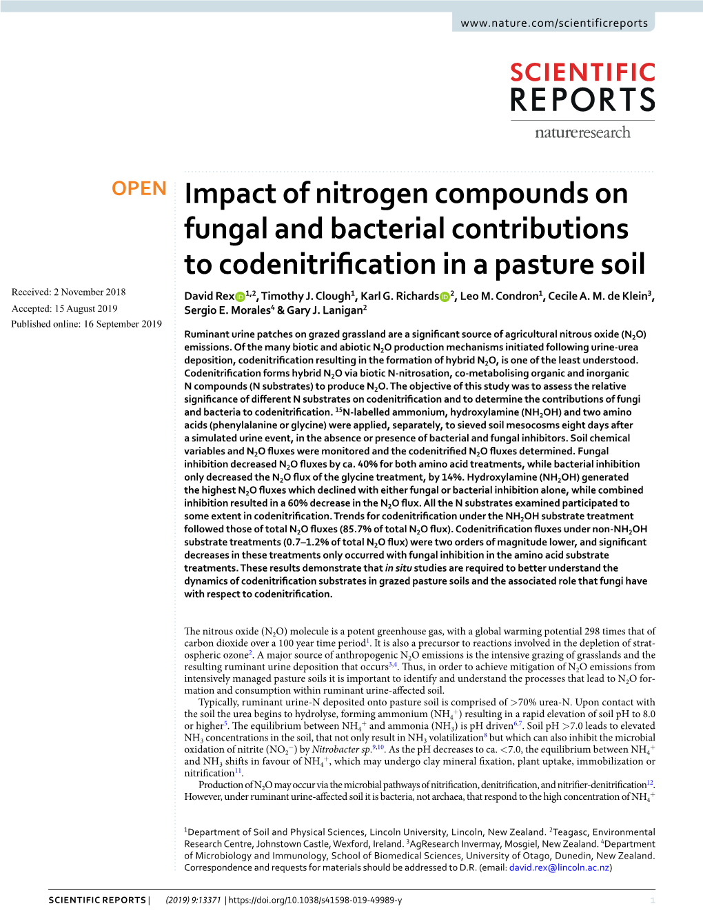 Impact of Nitrogen Compounds on Fungal and Bacterial Contributions to Codenitrifcation in a Pasture Soil Received: 2 November 2018 David Rex 1,2, Timothy J