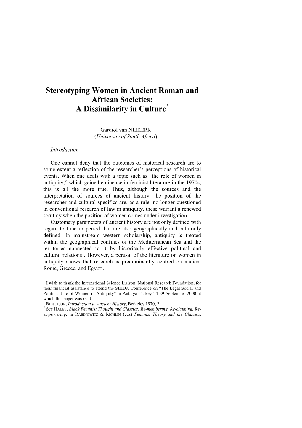 Stereotyping Women in Ancient Roman and African Societies: a Dissimilarity in Culture*